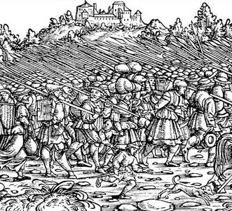 Bewaffnete Bauernarmee, Holzschnitt von Froschauer, um 1525
