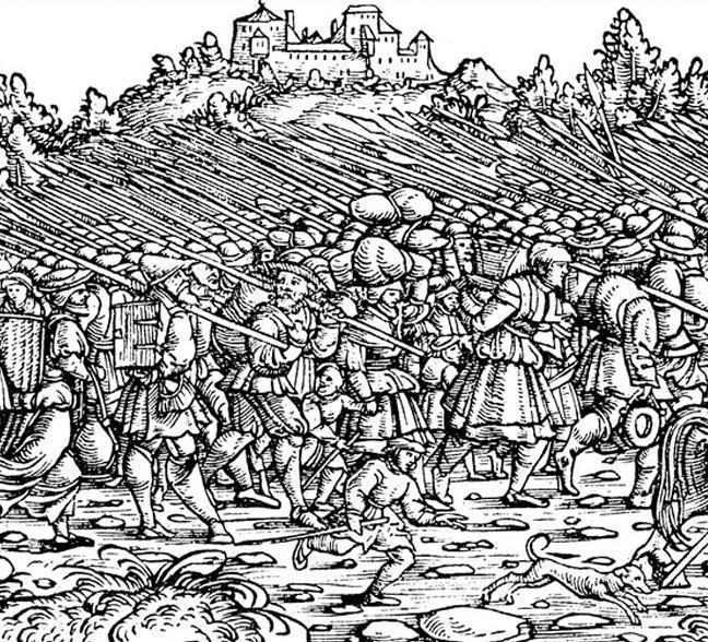 Bewaffnete Bauernarmee, Holzschnitt von Froschauer, um 1525